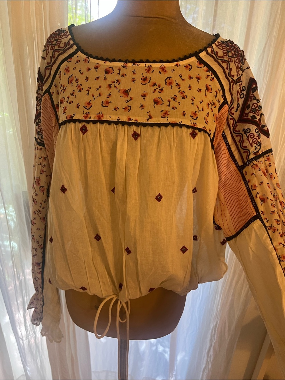 Free People Cream Peasant Tunic with Maroon Embroidery
